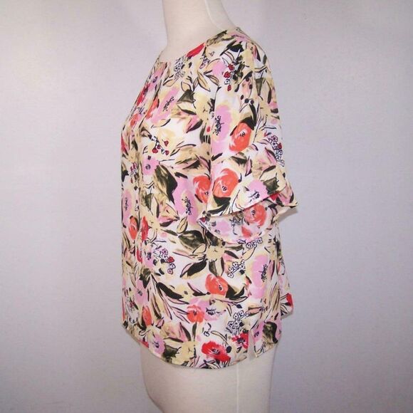 Ellen Tracy Shirt Large Floral Short Flutter Sleeves Keyhole Womens Blouse Top - Picture 5 of 9